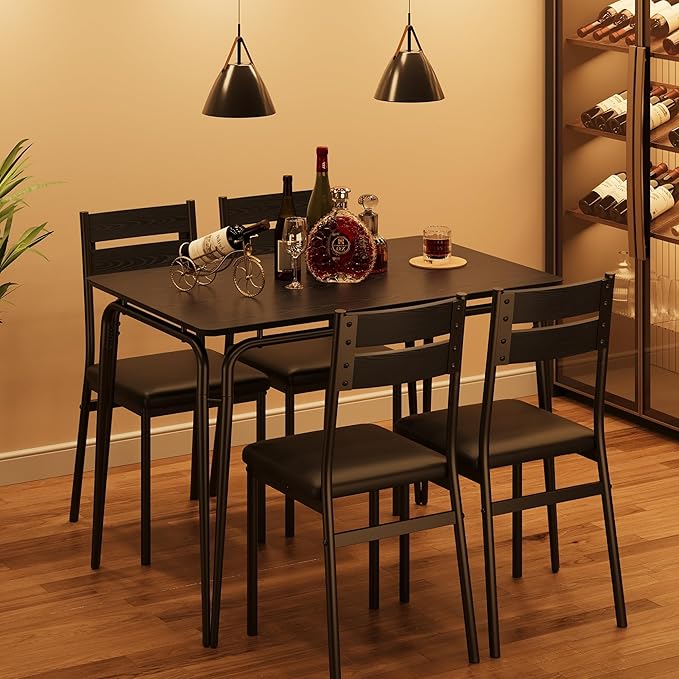 Black Dining Table Set for 4, Kitchen Table and Chairs for 4, 5 Piece Kitchen Dining Room Table Set,Space-Saving Wood Modern Rectangle Dinner Table Dinette Furniture for Breakfast Nook,Home Office - LeafyLoom