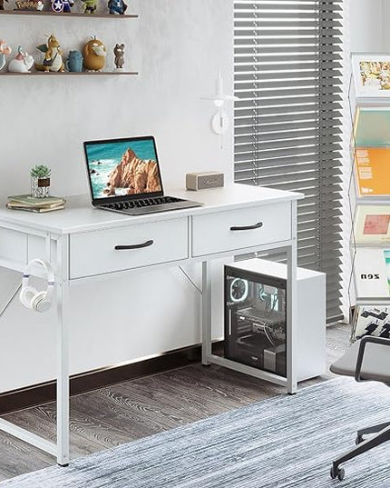 ODK 40 Inch Small Desk with Fabric Drawers- for Bedroom, White Vanity Desk with Storage, Home Office Computer Desk for Small Spaces, Modern Work Writing Study Table, White - LeafyLoom