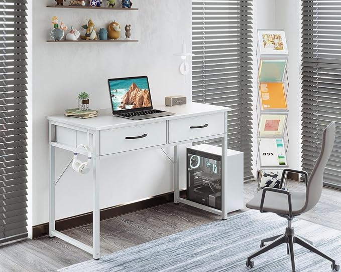 ODK 40 Inch Small Desk with Fabric Drawers- for Bedroom, White Vanity Desk with Storage, Home Office Computer Desk for Small Spaces, Modern Work Writing Study Table, White - LeafyLoom
