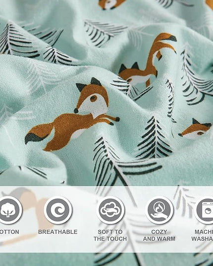 Comfort Spaces Cotton Flannel Breathable Warm Deep Pocket Sheets with Pillow Case Bedding, Twin, Seafoam Foxes 3 Piece - LeafyLoom