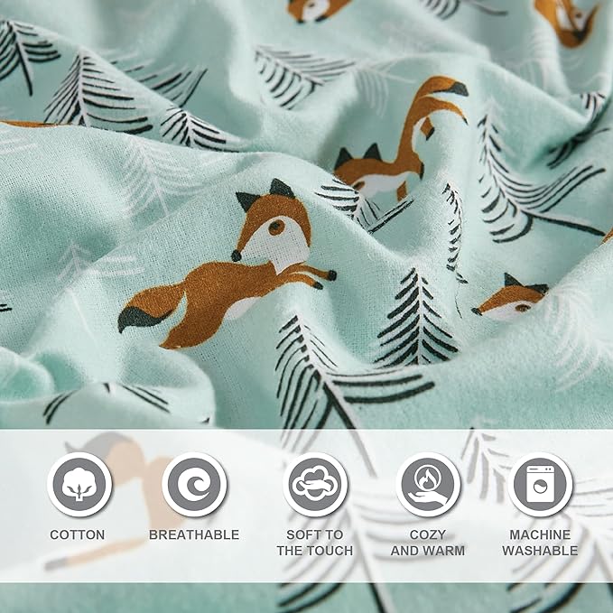 Comfort Spaces Cotton Flannel Breathable Warm, Deep Pocket Sheets with Pillow Case Bedding, Full, Seafoam Foxes 4 Piece - LeafyLoom