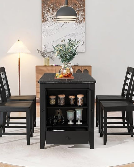 NicBex Dining Room Table Set for 4 Kitchen Table and Chairs Counter Height 5-Piece Dining Table Set with Faux Marble Tabletop, Solid Wood Table Set with Storage Cabinet and Drawer, Black - LeafyLoom