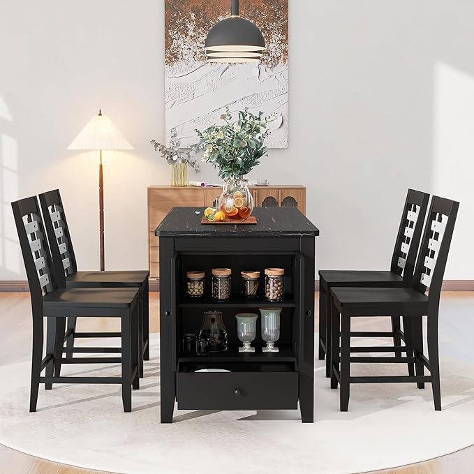 NicBex Dining Room Table Set for 4 Kitchen Table and Chairs Counter Height 5-Piece Dining Table Set with Faux Marble Tabletop, Solid Wood Table Set with Storage Cabinet and Drawer, Black - LeafyLoom