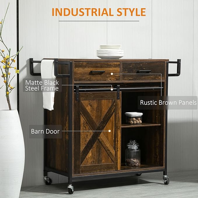 HOMCOM Industrial Kitchen Cart, Rolling Kitchen Island with Adjustable Shelf, Two Drawers, Sliding Barn Door Cabinet and Towel Rack, Rustic Brown - LeafyLoom
