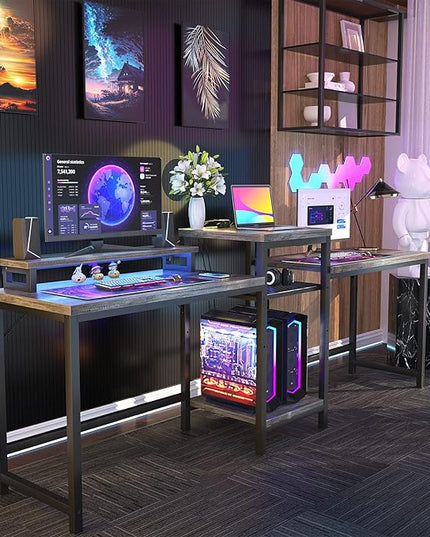 Unikito Two Person Desk with LED Light and Power Outlet, Double Computer Desks with Monitor Stand and Printer Stand, Double Gaming Computer Desk, Long Gaming Desk, Home Office Work Desk, Black Oak - LeafyLoom