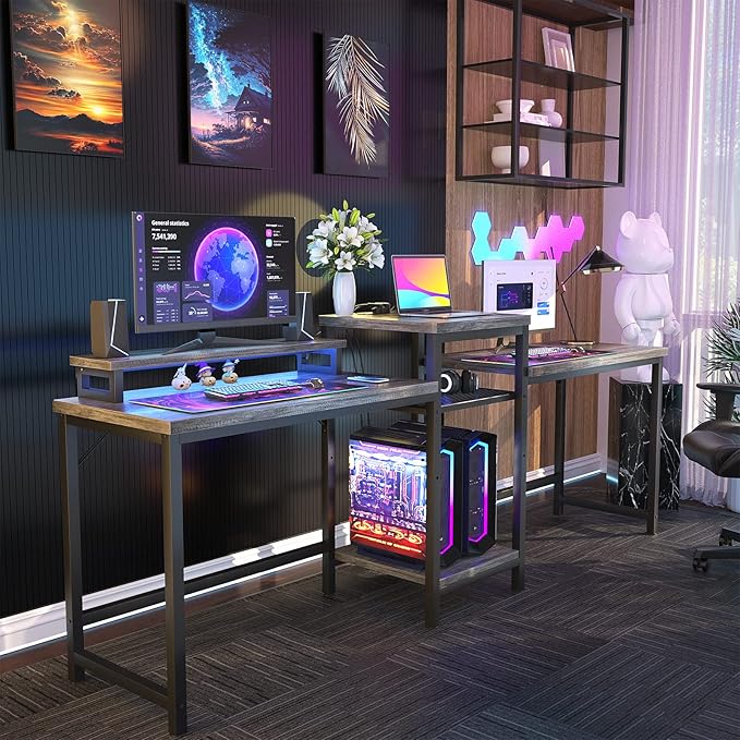 Unikito Two Person Desk with LED Light and Power Outlet, Double Computer Desks with Monitor Stand and Printer Stand, Double Gaming Computer Desk, Long Gaming Desk, Home Office Work Desk, Black Oak - LeafyLoom