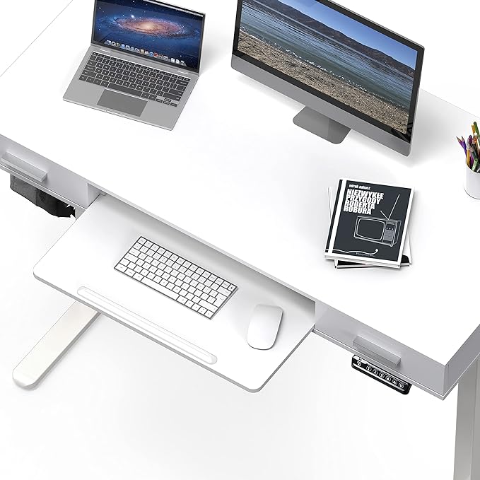 SHW 48-Inch Electric Height Adjustable Desk with Keyboard Tray and Two Drawers - LeafyLoom