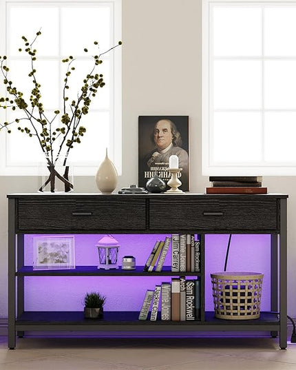 IRONCK TV Stand LED Lights, Entertainment Center with Power Outlet for 55 Inch TV, Industrial TV Console with Media Storage Shelf and 2 Large Drawers,for Bedroom/Living Room, Black - LeafyLoom