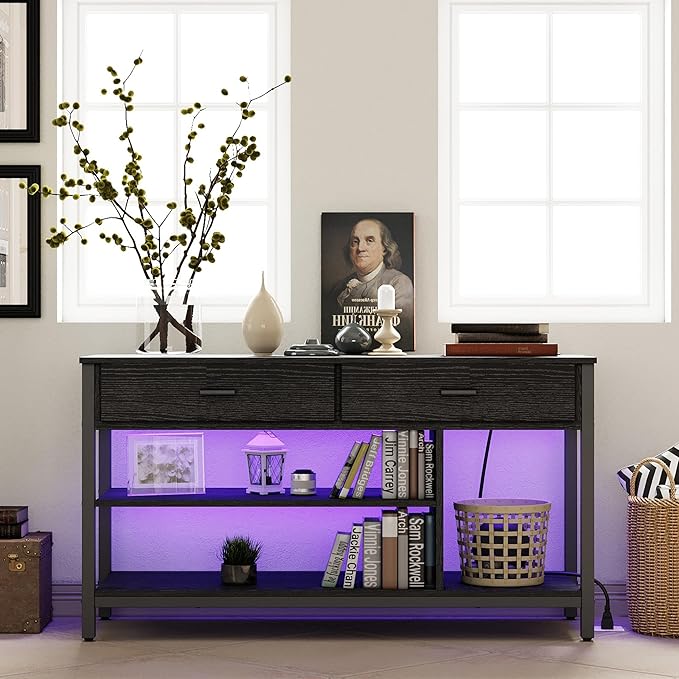 IRONCK TV Stand LED Lights, Entertainment Center with Power Outlet for 55 Inch TV, Industrial TV Console with Media Storage Shelf and 2 Large Drawers,for Bedroom/Living Room, Black - LeafyLoom