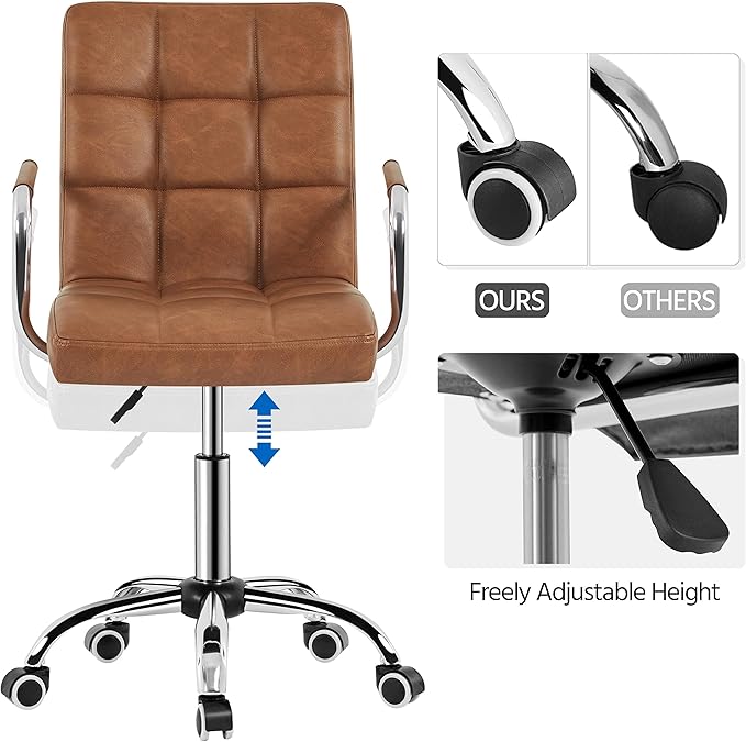 Yaheetech PU Leather Office Desk Chair Mid Back Height Adjustable Chair Comfortable Computer Swivel Chair w/Armrests, Retro Brown - LeafyLoom