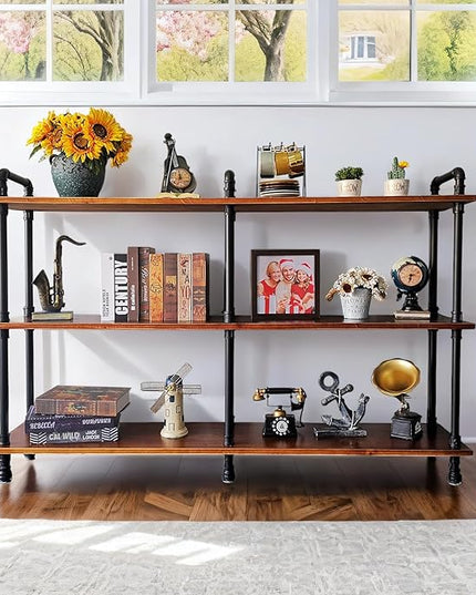 3 Tier Long Industrial Bookshelf, 3 Realwood Industrial Pipe Bookshelf for Living Room, Entry, Office (Rustic Brown, 60" L x 11.8" W x 39" H) - LeafyLoom