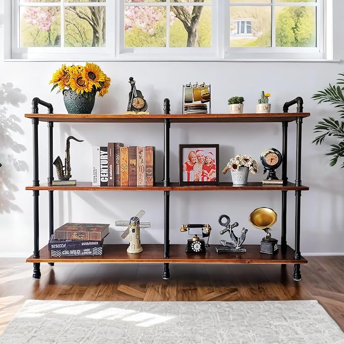 3 Tier Long Industrial Bookshelf, 3 Realwood Industrial Pipe Bookshelf for Living Room, Entry, Office (Rustic Brown, 60" L x 11.8" W x 39" H) - LeafyLoom