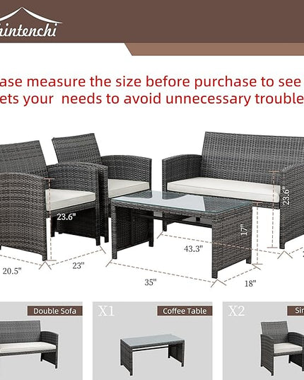 Shintenchi 4-Piece Patio Furniture Set, Outdoor Wicker Patio Conversation Furniture Set with Cushions and Tempered Glass Tabletop for Lawn Backyard Pool Garden,Beige - LeafyLoom