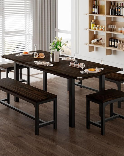 Feonase 5-Piece Dining Table Set for 4-8 People, 63" Extendable Kitchen Table Set with 2 Benches and 2 Square Stools, Dining Room Table with MDF Wood Board, Easy Clean, Espresso - LeafyLoom