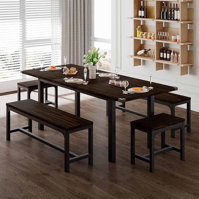 Feonase 5-Piece Dining Table Set for 4-8 People, 63" Extendable Kitchen Table Set with 2 Benches and 2 Square Stools, Dining Room Table with MDF Wood Board, Easy Clean, Espresso - LeafyLoom