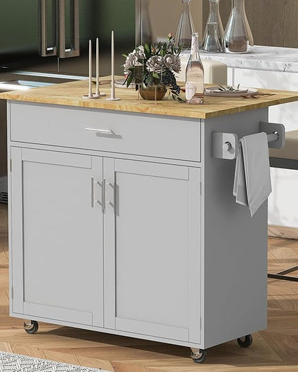 Kitchen Island with Storage on Wheels, Kitchen Island Cart w/Storage&Divider, Internal Canibet Rack, Adjustable Shelf Tower Rack for Dinning Room Coffee Bar, Rubber Wood Contertop - LeafyLoom