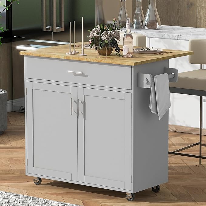 Kitchen Island with Storage on Wheels, Kitchen Island Cart w/Storage&Divider, Internal Canibet Rack, Adjustable Shelf Tower Rack for Dinning Room Coffee Bar, Rubber Wood Contertop - LeafyLoom