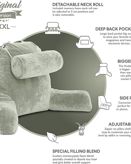 Husband Pillow XXL Desert Sage Backrest with Arms - Adult Reading Pillow Shredded Memory Foam, Ultra-Comfy Removable Microplush Cover & Detachable Neck Roll, Unmatched Support Bed Rest Sit Up Pillow - LeafyLoom
