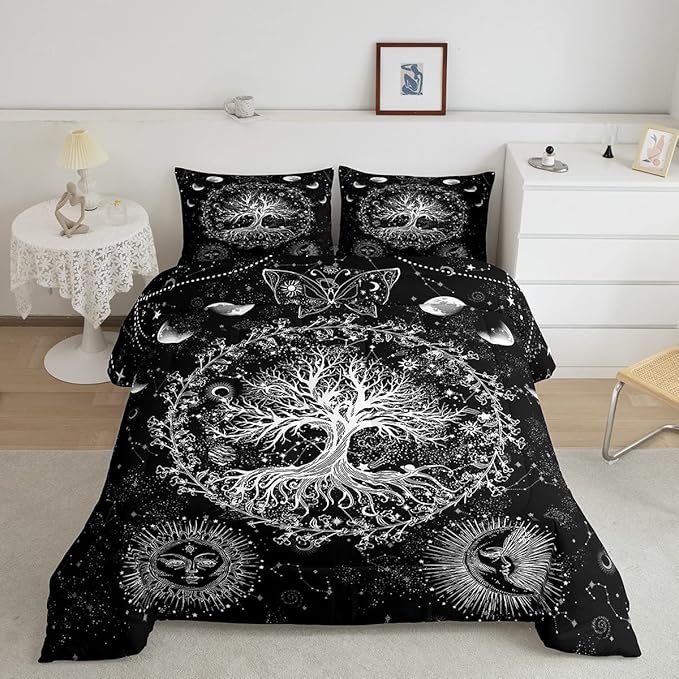 Feelyou Sun and Moon Comforter Bohemian Tree Butterfly Style Bedding Set Psychedelic Hippie Comforter Set for Boys Girls Children Teens Bedroom Decor Galaxy Astrology Duvet Set Queen Size - LeafyLoom
