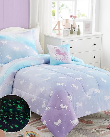 KALEIDOSPACE Kids Twin Comforter Sets for Girls, Glow in The Dark Unicorn Bedding Sets -3 Pieces Lightweight Bed in A Bag - LeafyLoom