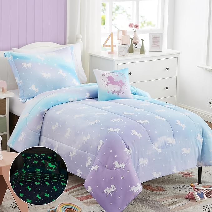 KALEIDOSPACE Kids Twin Comforter Sets for Girls, Glow in The Dark Unicorn Bedding Sets -3 Pieces Lightweight Bed in A Bag - LeafyLoom