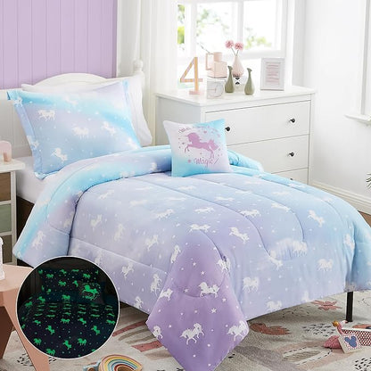 KALEIDOSPACE Kids Twin Comforter Sets for Girls, Glow in The Dark Unicorn Bedding Sets -3 Pieces Lightweight Bed in A Bag - LeafyLoom