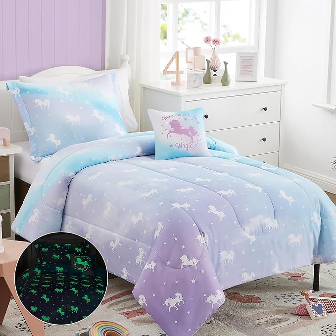 KALEIDOSPACE Kids Full Comforter Sets for Girls, Glow in The Dark Unicorn Full Size Bedding Sets -4 Pieces Lightweight Bed in A Bag - LeafyLoom