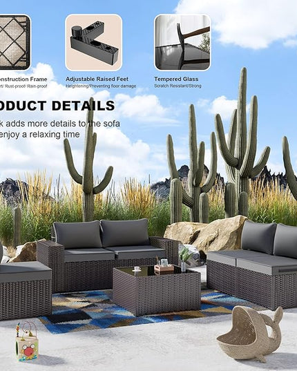 Kullavik 6PCS Outdoor Patio Furniture Set PE Wicker Rattan Sectional Sofa Patio Conversation Sets,Grey - LeafyLoom
