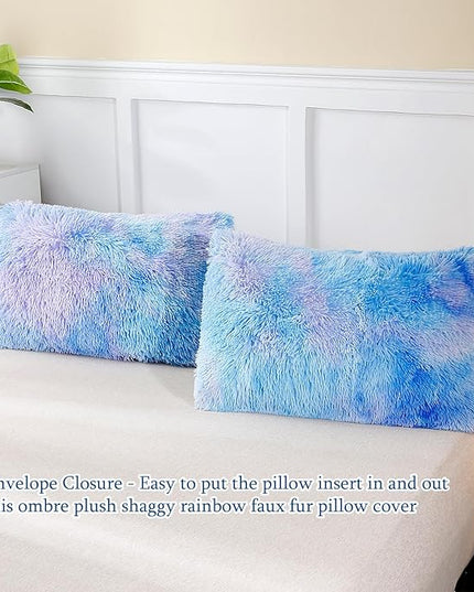 WINLIFE Shaggy Bedding Comforter Set Faux Fur Flannel Furry Comforter Microfiber Plush Comforter Sets Pastel Gradient Ombre Tie Dye MultiColor Bedding for Girls Adults (3Pcs, Queen, Purple Blue) - LeafyLoom