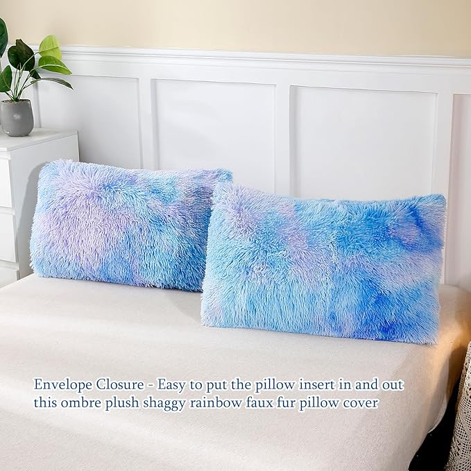 WINLIFE Shaggy Bedding Comforter Set Faux Fur Flannel Furry Comforter Microfiber Plush Comforter Sets Pastel Gradient Ombre Tie Dye MultiColor Bedding for Girls Adults (3Pcs, Queen, Purple Blue) - LeafyLoom