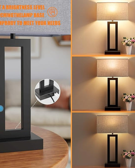 22" Tall Living Room Lamps for Night Stands - Touch Bedside Lamp with USB C+A, 3 Way Dimmable bedroom Lamps for End Tables Set of 2, Modern Night Stand Lamps for Bed Side(Grey&Black) - LeafyLoom