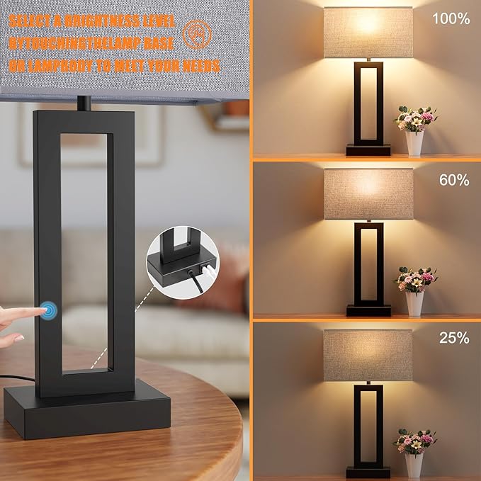 22" Tall Living Room Lamps for Night Stands - Touch Bedside Lamp with USB C+A, 3 Way Dimmable bedroom Lamps for End Tables Set of 2, Modern Night Stand Lamps for Bed Side(Grey&Black) - LeafyLoom