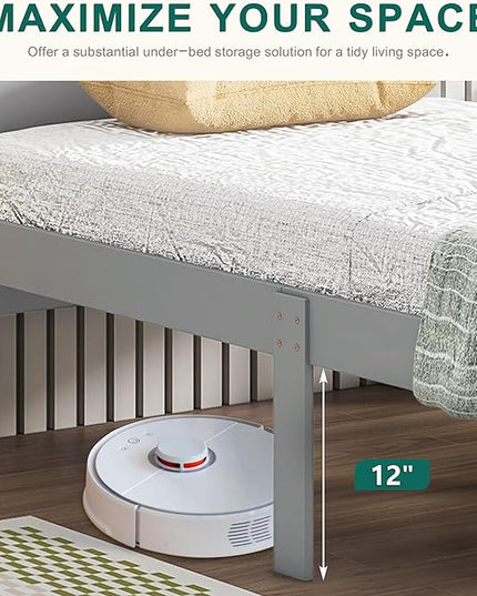 Dolonm Full Bed Frames for Kids with 2 Drawers, Storage Platform Bed with Footboard Bench, Twin Kids Bed Headboard Frame Pine Wood, High Stable, No Box Spring Needed, Twin Bed for Kids, Grey - LeafyLoom