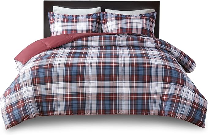 Madison Park Essentials Parkston Plaid Comforter, Matching Sham, 3M Scotchguard Stain Release Cover, Hypoallergenic All Season Bedding-Set, Full/Queen, Red, 3 Piece - LeafyLoom