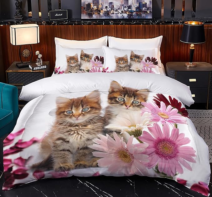 Cat Comforter Set Queen Size for Kids Pink Flowers Cats 3Pcs Bedding Set for boys and Girls (1Summer Comforter+ 2 Pillowcases) Lovely Animal Pets Duvet Set - LeafyLoom