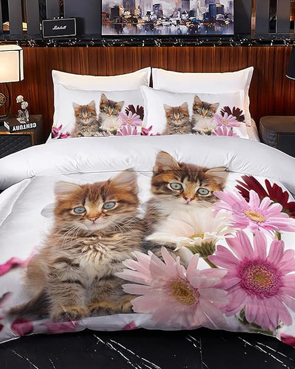 Cat Comforter Set Twin Size for Kids Pink Flowers Cats 3Pcs Bedding Set for boys and Girls (1Summer Comforter+ 2 Pillowcases) Lovely Animal Pets Duvet Set - LeafyLoom