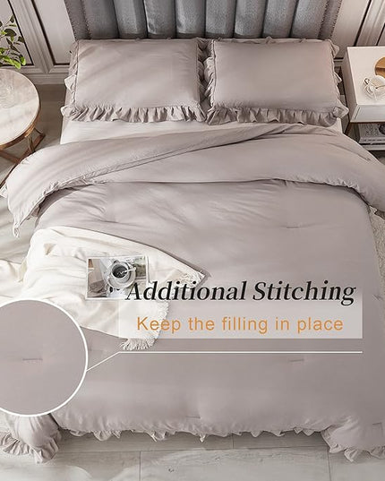 Andency Wheat Ruffle Comforter Full(79x90Inch), 3 Pieces(1 Ruffled Comforter and 2 Pillowcases) Vintage Ruffle Fringe Comforter, Farmhouse Rustic Microfiber Down Alternative Bedding Comforter Set - LeafyLoom