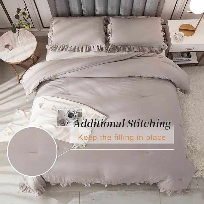 Andency Wheat Ruffle Comforter Full(79x90Inch), 3 Pieces(1 Ruffled Comforter and 2 Pillowcases) Vintage Ruffle Fringe Comforter, Farmhouse Rustic Microfiber Down Alternative Bedding Comforter Set - LeafyLoom