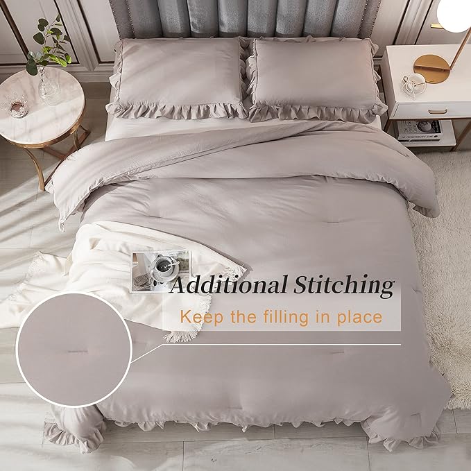 Andency Wheat Ruffle Comforter Queen(90x90Inch), 3 Pieces(1 Ruffled Comforter and 2 Pillowcases) Vintage Ruffle Fringe Comforter, Farmhouse Rustic Microfiber Down Alternative Bedding Comforter Set - LeafyLoom