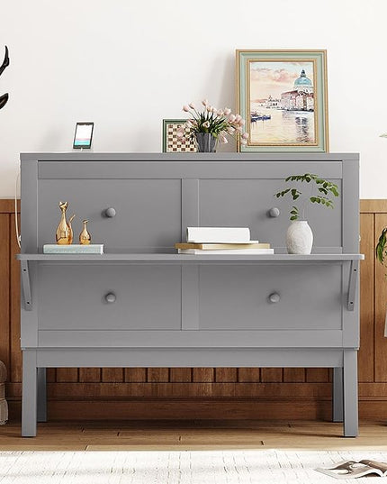Murphy Bed Full Size with USB Port and Removable Shelves on Each Side, Wooden Platform Bedframe Foldable into Wall Cabinet, Space Saving, for Bedroom Guest Room Office, Gray - LeafyLoom