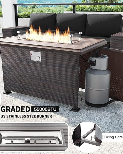 Kullavik 13 Pieces Outdoor Patio Furniture Set with 43" 55000BTU Gas Propane Fire Pit Table PE Wicker Rattan Sectional Sofa Patio Conversation Sets,Black - LeafyLoom