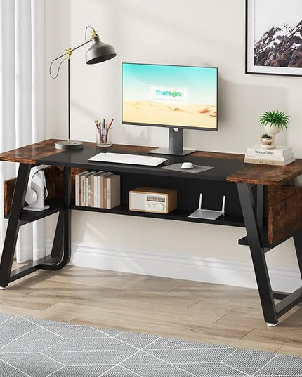 Tribesigns 63 inch Computer Desk Modern Office Desk with Shelf for Home Office, Large Writing Table Wood Business Workstation with Storage Shelves and Sturdy Metal Frame for Study Bedroom, Black Brown - LeafyLoom