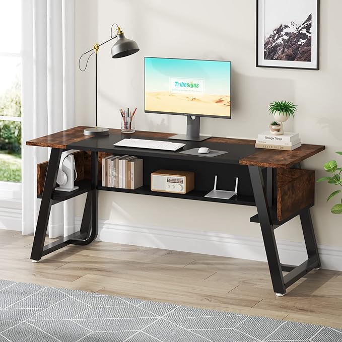 Tribesigns 63 inch Computer Desk Modern Office Desk with Shelf for Home Office, Large Writing Table Wood Business Workstation with Storage Shelves and Sturdy Metal Frame for Study Bedroom, Black Brown - LeafyLoom