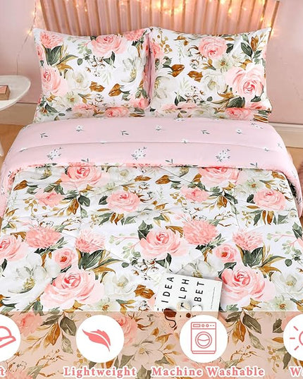 DILIMI King Size Comforter Set, 3 Pieces King Comforter Set, Reversible Pink Floral Comforter King Size, Ultra Soft and Fluffy Bedding Comforter Sets with Comforter, 2 Pillowcase - LeafyLoom