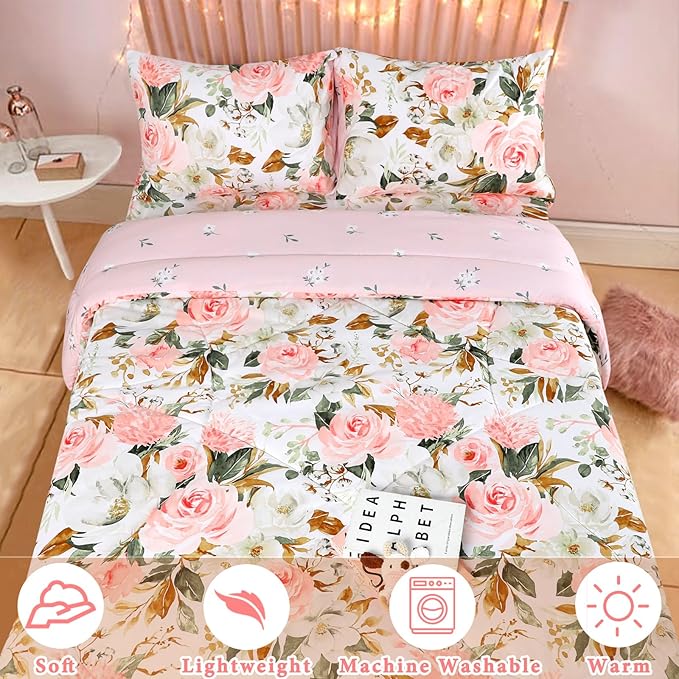 DILIMI King Size Comforter Set, 3 Pieces King Comforter Set, Reversible Pink Floral Comforter King Size, Ultra Soft and Fluffy Bedding Comforter Sets with Comforter, 2 Pillowcase - LeafyLoom
