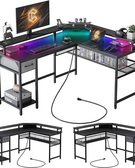 CubiCubi L Shaped Gaming Desk with LED Lights and Power Outlets, 58" Reversible Corner Computer Desk with Storage Shelves and Drawer, Home Office Desk with Monitor Stand, Black - LeafyLoom