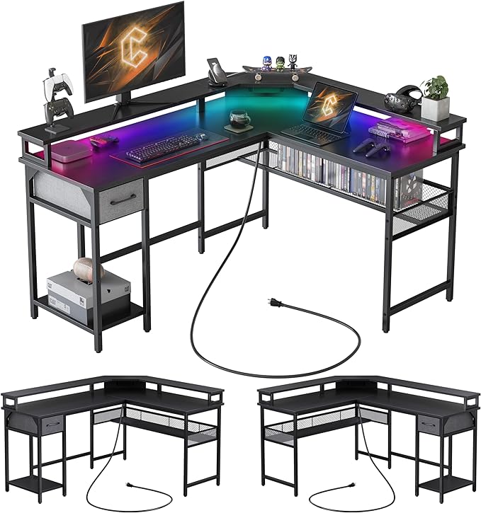 CubiCubi L Shaped Gaming Desk with LED Lights and Power Outlets, 58" Reversible Corner Computer Desk with Storage Shelves and Drawer, Home Office Desk with Monitor Stand, Black - LeafyLoom