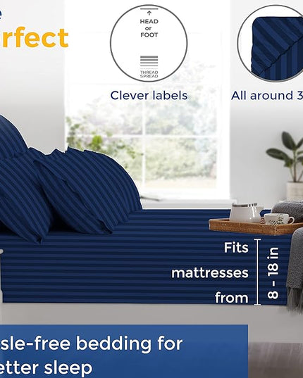 THREAD SPREAD Luxury Egyptian Cotton Twin Stripe Sheet Set - 600 Thread Count Extra Long Staple 3 PC Set, Twin Damask Sheets, Soft, Cooling Sateen Weave Striped Sheets Upto 18" Deep Pocket - Navy Blue - LeafyLoom