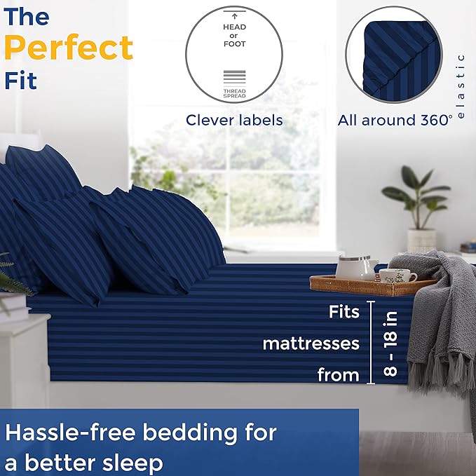 THREAD SPREAD Luxury Egyptian Cotton Twin Stripe Sheet Set - 600 Thread Count Extra Long Staple 3 PC Set, Twin Damask Sheets, Soft, Cooling Sateen Weave Striped Sheets Upto 18" Deep Pocket - Navy Blue - LeafyLoom