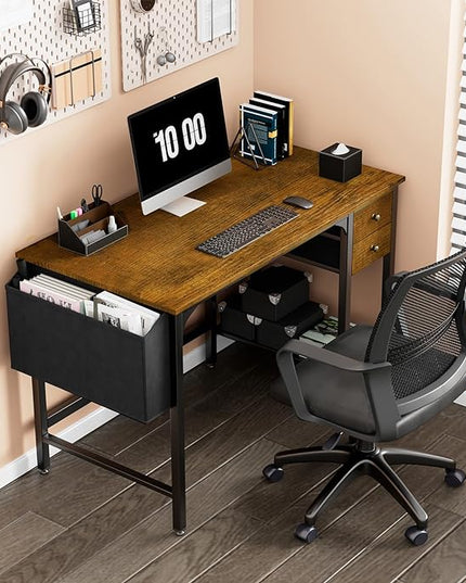 Lufeiya Computer Desk with Drawers - 40 Inch Work Small Desk for Bedroom Home Office, Simple Study Writing Table PC Desks with Drawer Storage Shelves, Rustic Brown - LeafyLoom